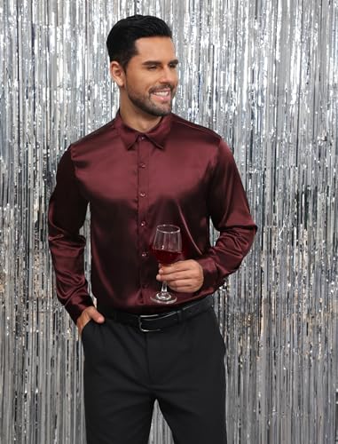 Vssjavun Mens Silk Satin Shirts Long Sleeve Button Down Loose Fit Dress Shirt Luxury Party Prom Wedding Shirts4