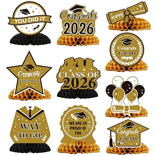 Image of Graduation Decorations 2026, 10PCS Graduation Centerpieces for Table, Black Gold Graduation Party Decorations Class of 2026 Congrats Grad Honeycomb Centerpieces Table Decor Graduation Party Supplies