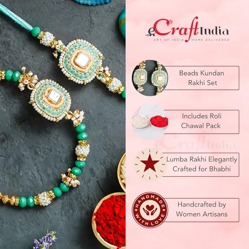 Image of eCraftIndia Green & White Beads Designer Kundan Rakhis for Brother and Bhabhi | Bhaiya Bhabhi Rakhi Set of 2 | Lumba Rakhi | Best Bro Ever Fridge Magnet | Roli Chawal Pack