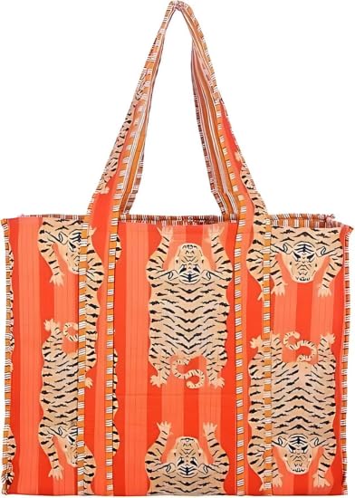 Image of YILLE Cotton Quilted Floral & Tiger Print Tote Bag, 18 x 18 inches For Grocery Shopping, Travel