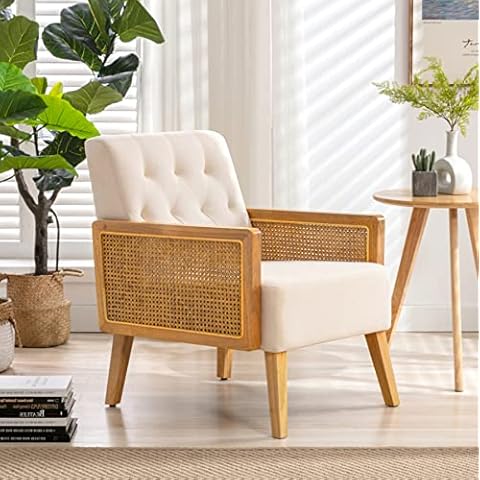 HomeMiYN Modern Armchair with Cane Wicker Breathable Armrest Upholstered Woven Wooden Armchair with Adjustable Legs for Patio Living Room Balcony Beige Cover