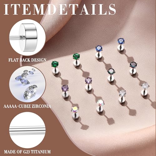 Dochais Titanium Stud Earrings for Men Women, Flat Back Stud Earrings with Cubic Zirconia, Hypoallergenic and Suitable for Sensitive Ears2