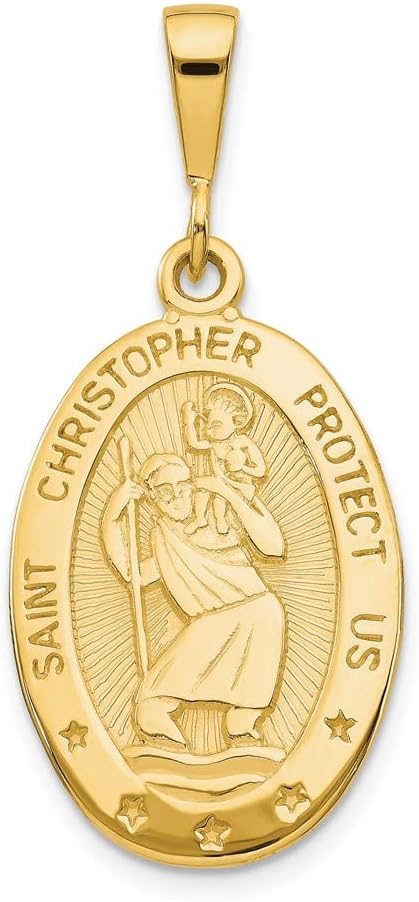 DEWBERRY 10K Yellow Gold St Saint Christopher Medal Religious Protection Protect Us Pendant | Oval-Shaped Christian Pendant Faith Charm | Religious Amulet Jewelry Gift for Men or Women