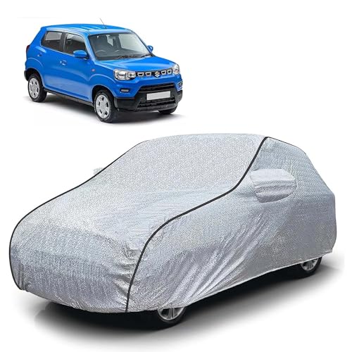 Image of Sulfar 100% Waterproof Car Body Cover Compatible with Mirror for Maruti Suzuki S-presso (Triple Stitched, Full Bottom Elastic, Magic Silver with Black Piping)
