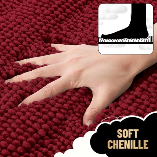 Image of OLANLY Thick Bathroom Rugs 30x20, Extra Soft Absorbent Chenille Striped Bath Rugs, Rubber Backing, Machine Wash Dry, Bath Mats for Bathroom Floor, Tub and Shower, Home Decor Accessories, Red