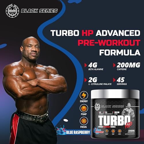 Image of DEXTER JACKSON Black Series Turbo HP Pre Workout | Flavoured, Advanced Formula | Boost Energy and Performance | 45 Servings, 450 Gram (Regular, Blue Raspberry)