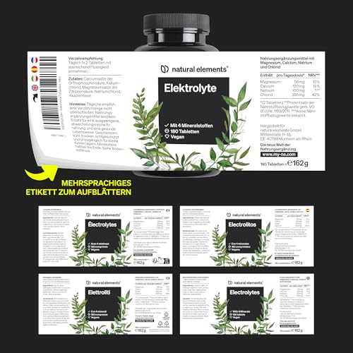 natural elements Elektrolyte Tabletten – 180 Stück – mit Magnesium, Kalzium, Natrium und Chlorid – mit Magnesium für dein Elektrolytgleichgewicht und deine Muskelfunktion – geeignet für Keto Ernährung