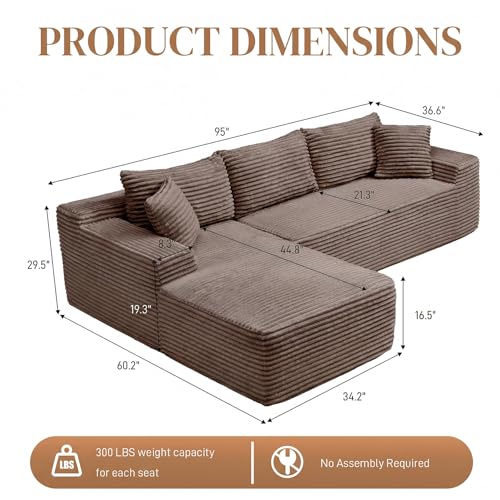 Image of 95 inch L Shaped Cloud Boneless Sectional Couches for Living Room, Modern Comfy Modular Deep Seat Memory Foam Compressed Corduroy Sofa Oversized Left Facing Chaise, No Assembly Required, Brown