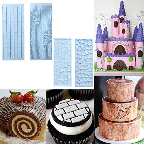 Fondant Impression Mat Mold Set, 6Pack Embossed Tree Bark, Brick Wall, Flower, Cobblestone, Stone Wall Texture For Cupcake Top Decoration With 8Pcs Fondant Sculpture Pen #TOP4