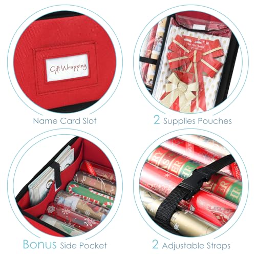 Image of Hearth & Harbor Wrapping Paper Storage Container - Christmas Storage Bag with Interior Pockets - Gift Wrap Organizer Fits Up to 22 Rolls of 40 inch - Tear Proof, Red