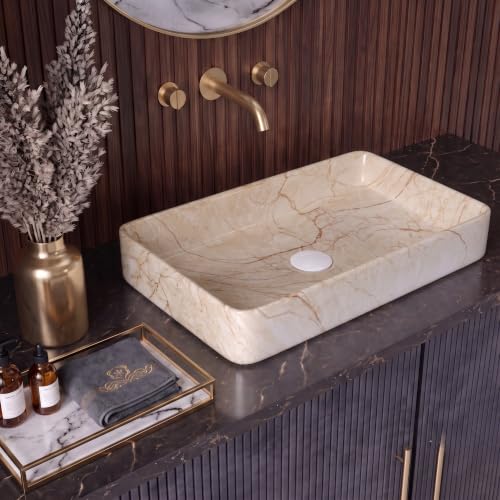 Image of Wash Basin Countertop | Tabletop Ceramic Bathroom Sink | Wash Basin Over Counter | (24 x 14 x 5 Inch) (Designer Cream)