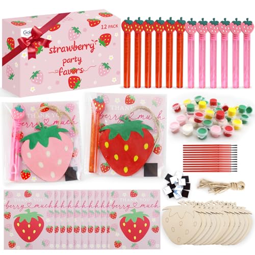 goldentime Strawberry Party Favors Kit - 12 Pack Wooden Painting Crafts with Bubbles Cards and Magnets for Strawberry Shortcake Party Decorations and Centerpieces