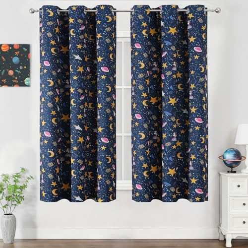 Image of Navy Blue Star Moon Theme Blackout Curtains 63 Inches Long for Boys Bedroom | Estelar Textiler Unicorn Space Kids Curtains for Nursery,Light Blocking Rocket Printed Grommet Window Drapes,38Wx63L,2 Panels