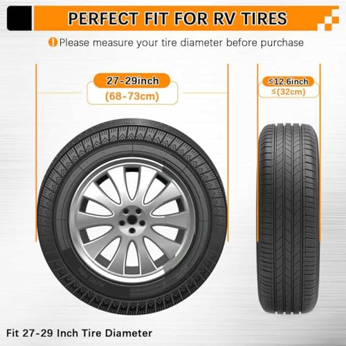 Image of KALINCO RV Tire Covers 4 Pack, Waterproof Wheel Cover, Anti-UV Sun Rain Snow Tire Covers for Travel Trailer Truck RV SUV Camper