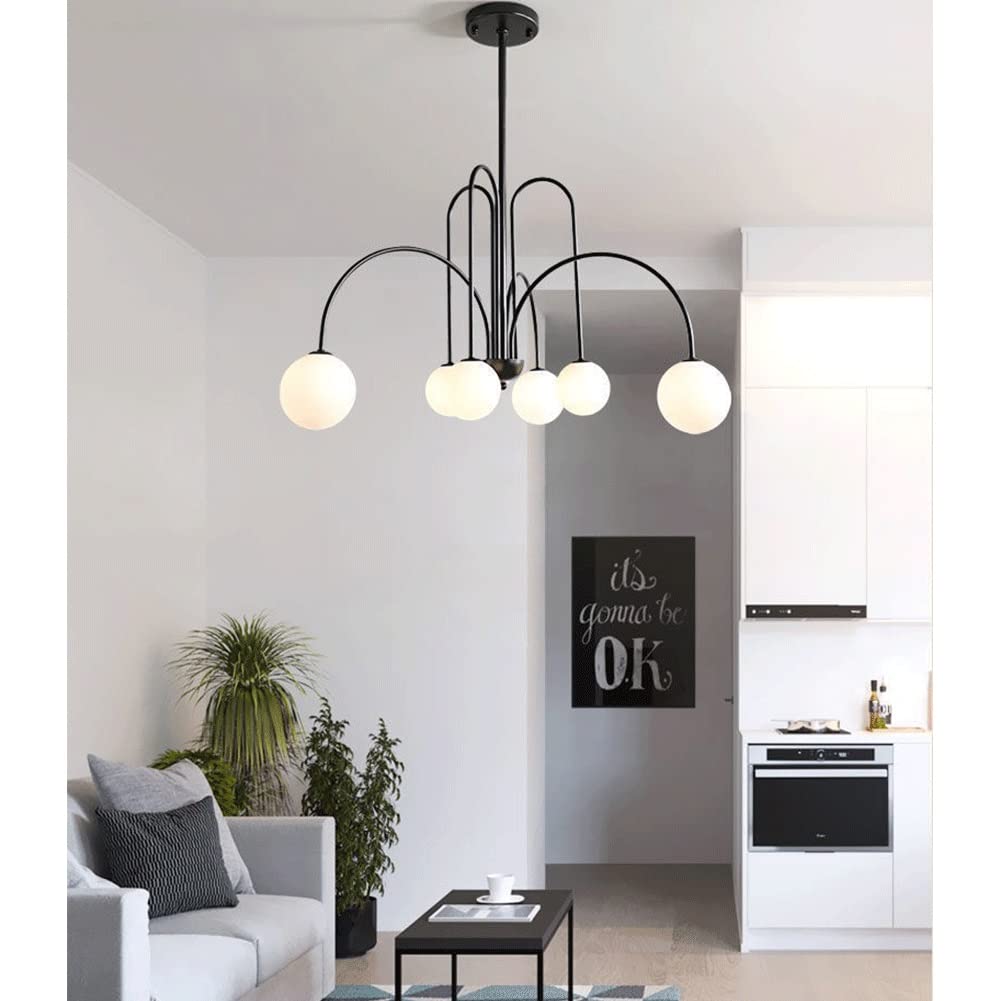Suspensions Lustre lampe Lampe pendante Globe en verre au lait à 6 lumières Lustre boule en métal et verre avec tiges ajustables for îlot de cuisine Chambre à coucher Foyer Entrée Salon ( Color : Blac