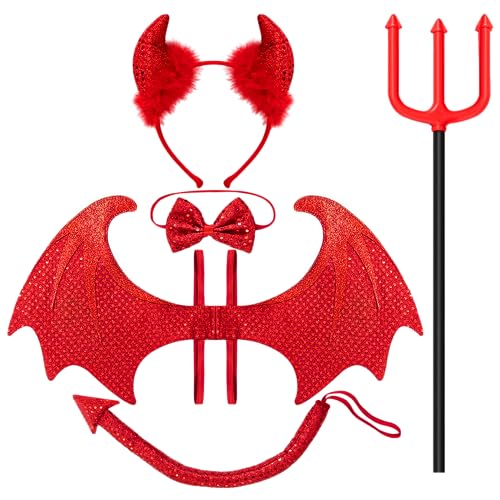 Spooktacular Creations 5-Piece Halloween Red Devil Costume Set with Devil Wings, Pitchfork, Bow Tie, Horn Headband, and Tail Accessories for dress devil themed party, fright night party cosplay