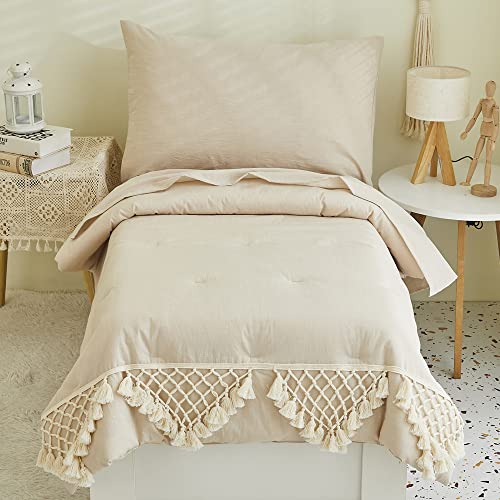 Brandream 4Pcs Toddler Bedding + 3Pcs Crib Bedding Gender Neutral Boho Bohemian Girl Boy Solid Beige Farmhouse Chic Unisex Minimalist Tassel Fringe Macrame Cozy 100% Washed Cotton Comforter Set #TOP1