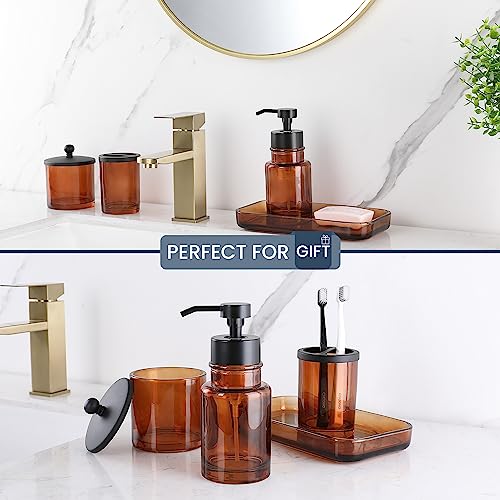 Image of H Halston Amber Glass Foaming Soap Dispenser, Hand Soap, for Kitchen and Bathroom Sink, Heavy Weight Modern Farmhouse Home Decor, Large Capacity Thick Glass Rustproof Pump, Refillable
