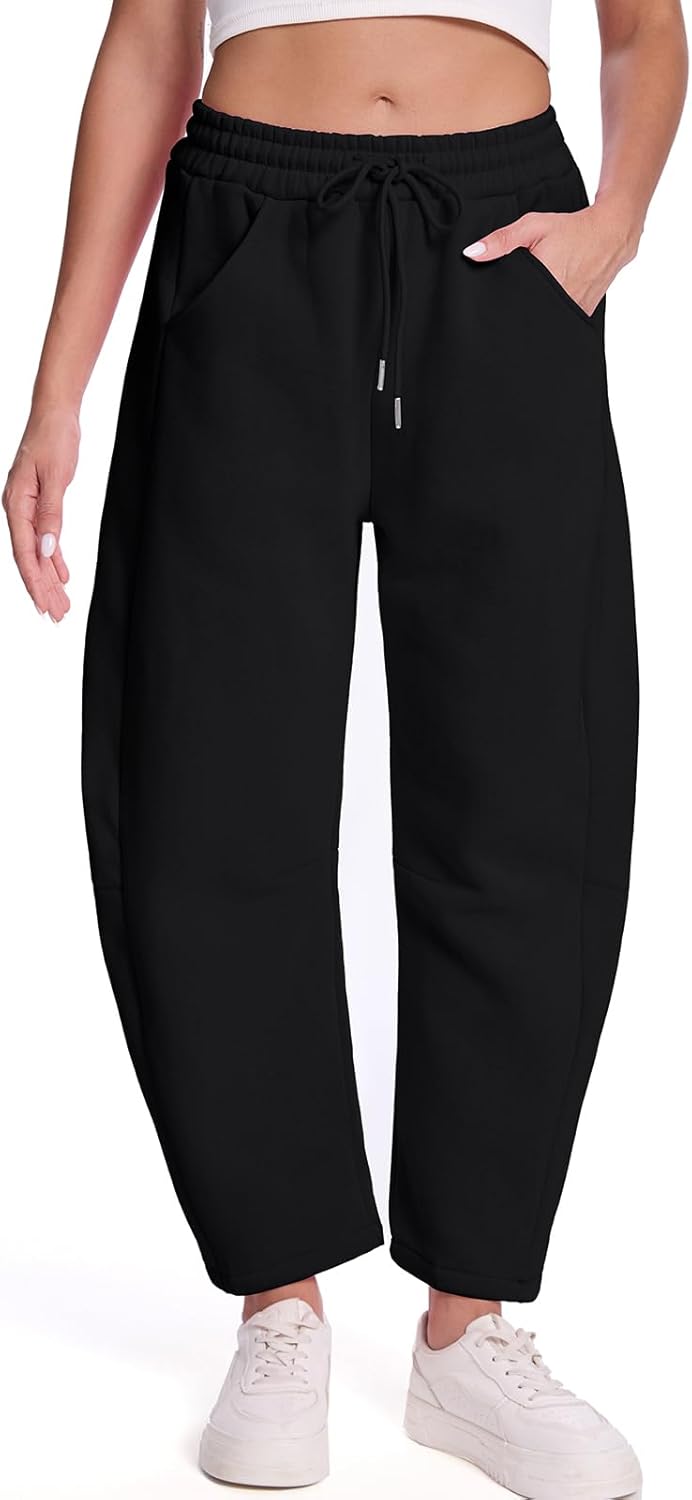 WOWULOVELY Womens Barrel Ankle Sweatpants Fleece Lined Baggy Sweat Pants Drawstring Elastic Wide Leg Pants with Pockets