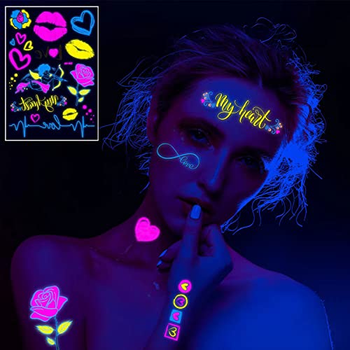 Maripabon Neon Temporary Tattoos New Love Mixed Style Glitter Cupid Red Lips Heart Flower Glow In The Dark Uv Neon Tattoos Stickers 60 Flash Fake Waterproof Tattoos For Women Girls Body Art #TOP2