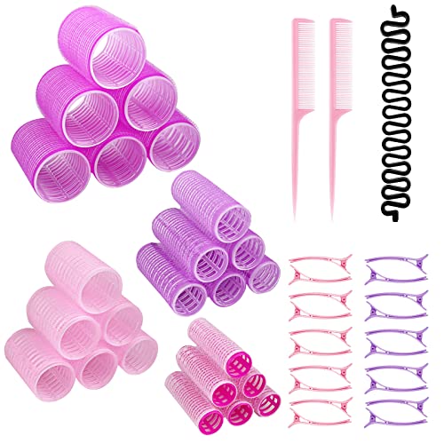 Fousenuk 47 piezas Rulos Pelo Grandes, Bigudies Pelo Agarre con Clips Pico Pato, Rizadores de Cabello Sin Calor para Salon Peluquero Peluquero, Peinado de Rizos DIY (45mm, 36mm, 25mm, 18mm)