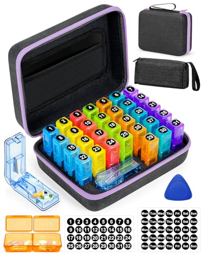 Image of Monthly Pill Organizer 2 Times a Day, with Portable Hard Shell, Pill Cutter, 31-Day Box, Plastic Opening Pick, Monthly & Weekly Stickers, Convenient Medication Management (Purple, 2 Times a Day)