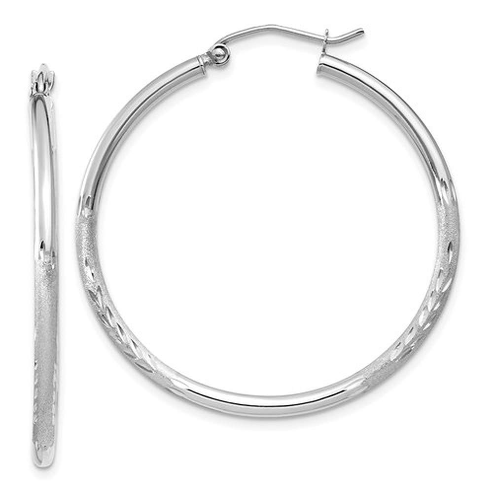 14k Yellow or White Gold Diamond Cut Hoop Earrings with Click-down Clasp, (2mm Tube)