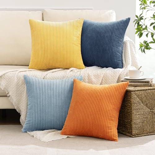 Image of MIULEE Pack of 4 Blue-Orange Corduroy Decorative Throw Pillow Covers 18x18 Inch Soft Boho Striped Pillow Covers Modern Farmhouse Home Decor for Summer Sofa Living Room Couch Bed