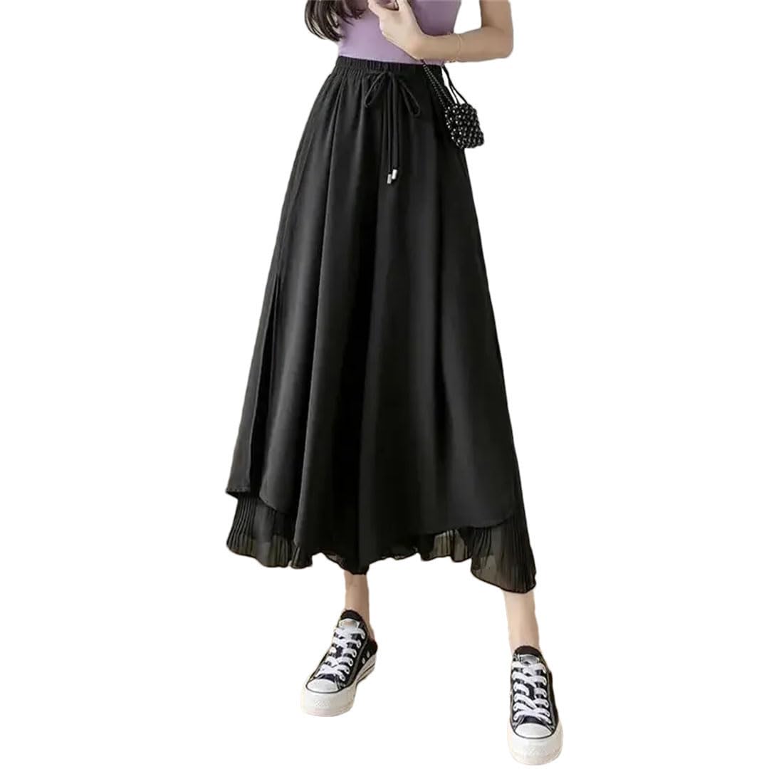 Women Chiffon Pants Elastic Wide Leg Irregular Hem Double Layers Trousers Casual Loose Pleated Pants