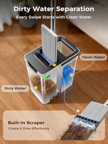 Mop and Bucket Set | Auto-Spray Cleaning | Dirty Water Separation Keep Water Fresh | Flat Mop & Bucket with Scraper | 3X Washable Pads | Mops for Floor Cleaning All Floors Tile Wall Window - Image 3