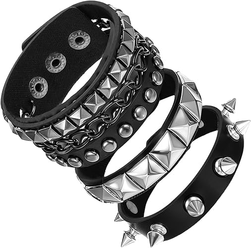 3Pcs Punk Bracelet For Men,Gothic Jewellery, Black Leather Wristband, Punk Style Accessories For Concerts, Parties, Friends Gathering