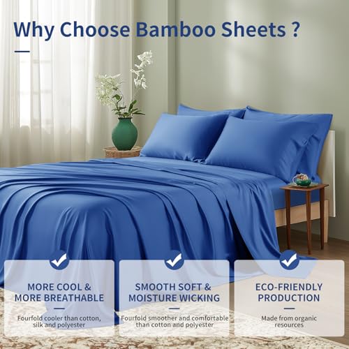 Image of Shilucheng 6 Piece California King Sheet Sets, Cooling Sheets, Blend Rayon Derived from Bamboo, Deep Pocket Up to 16 inch, Breathable & Soft Bed Sheets, Hotel Silky Bedding Set, Navy Blue