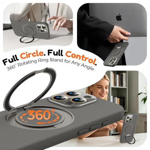 Image of Silicone 360 Spin Magnetic Stand Case for iPhone 16 Pro Max, [Compatible with Mag-Safe][Reinforced Hard Camera Protection] Liquid Silicone Rubber Phone Cover with Ring, Camera Button, Slate Gray