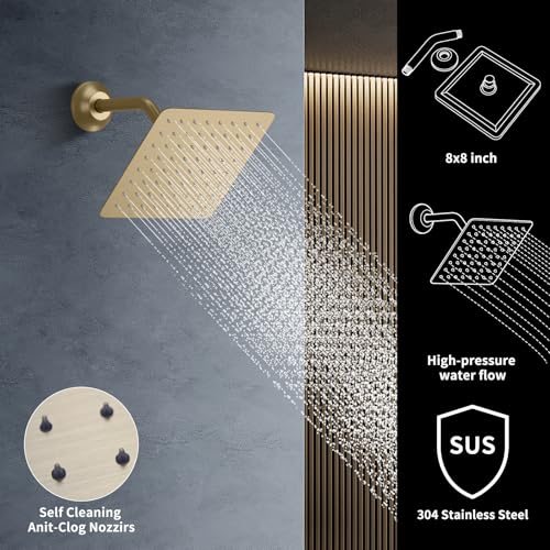Set de ducha con grifería de techo 20x14 pulgadas, cabezal de ducha LED, válvula termostática con pantalla de temperatura y combinación de dos cabezales de ducha de pared de 8 pulgadas y ducha de mano (oro cepillado) miniatura 5