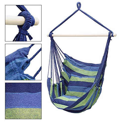 ECD Germany Silla Colgante con Soporte 208cm, Hamaca de Algodón Azul y Verde, 2 Cojines, hasta 120 kg, Columpio con Armazón de Metal, Asiento Colgante para Interior/Exterior Ideal para Jardín Terrraza - imagen 4