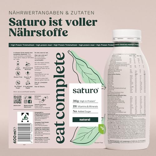 Saturo Trinknahrung Natural | Astronautennahrung | 36 g Protein, zuckerfrei, 400 kcal | Trinknahrung Mit Wertvollen Nährstoffen | 6 x 400 ml