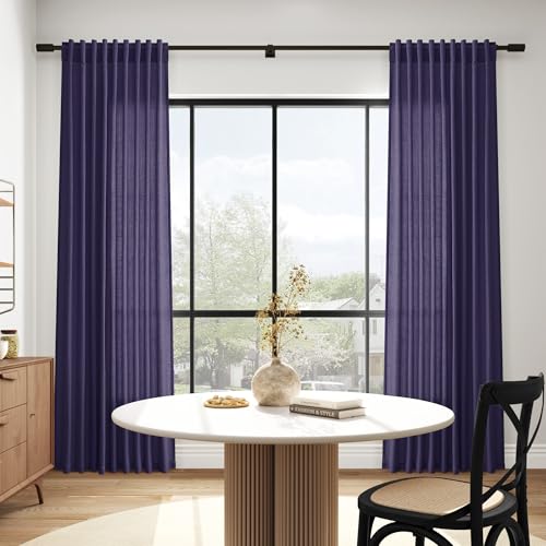 Image of Nanspring Purple Linen Blend Light Filtering Back Tab Curtains 96 Inches Long, Semi Sheer Privacy Drapes for Living Room & Bedroom, 52x96 inch, 2 Panels