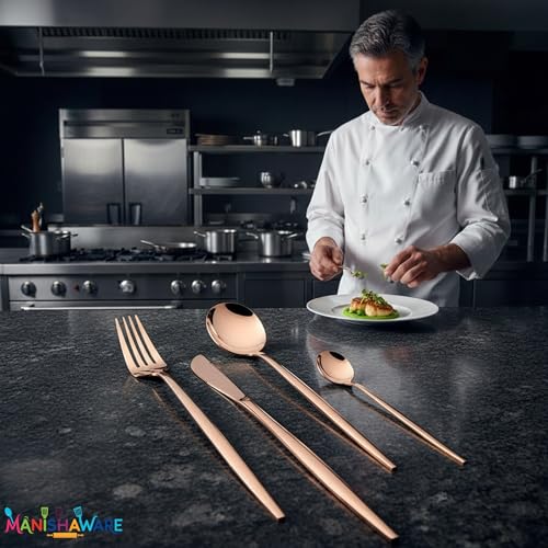 Image of Slim Handle Rose Gold 12 Pcs Stainless Steel Cutlery Set for Dining Table, Dishwasher Safe Glossy Flatware (3 Spoon Set + 3 Forks Set + 3 Butter Knife + 3 Dessert Spoon)