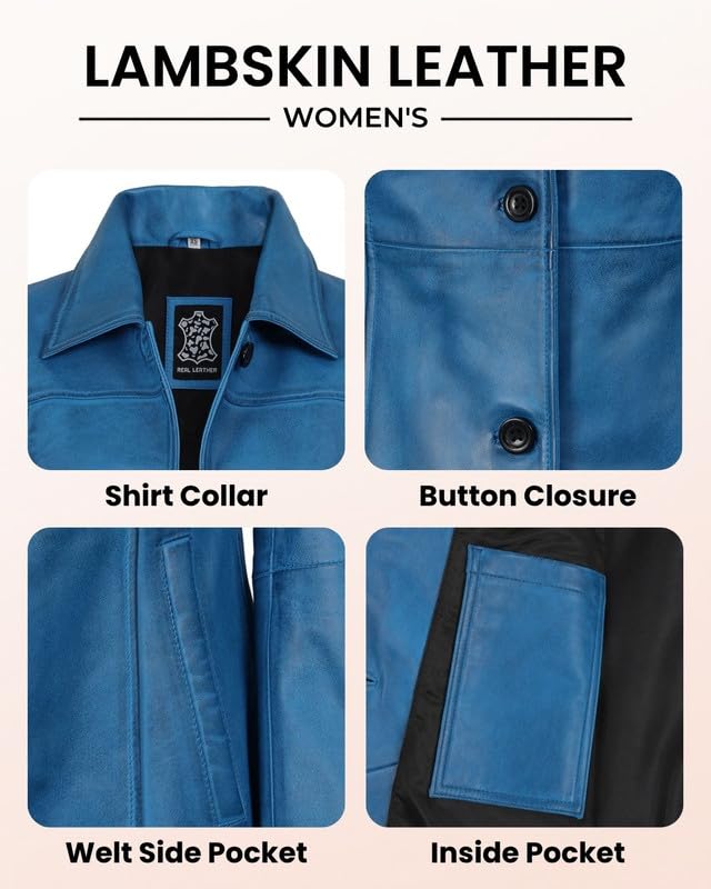 Image of Blingsoul Women's Lambskin Leather Car Coat - Vintage Real Long Leather Jacket for Women