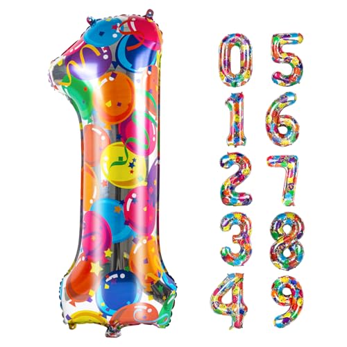 Colourful Number 1 Balloon, 40 Inch Large Number Foil Mylar Balloons for 1st 1 11 21 Girl Boy Birthday Party Celebration Decorations Supplies, Digital Balloons for Wedding Anniversary Events Decora