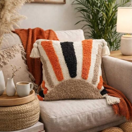 Image of Cushion Cover Pack of 4 (16x16 Inches) | Cotton Textured Decorative Throw Pillow Case for Sofa Bed Living Room Tufted Cushion Cover with Tassels (Multicolor)