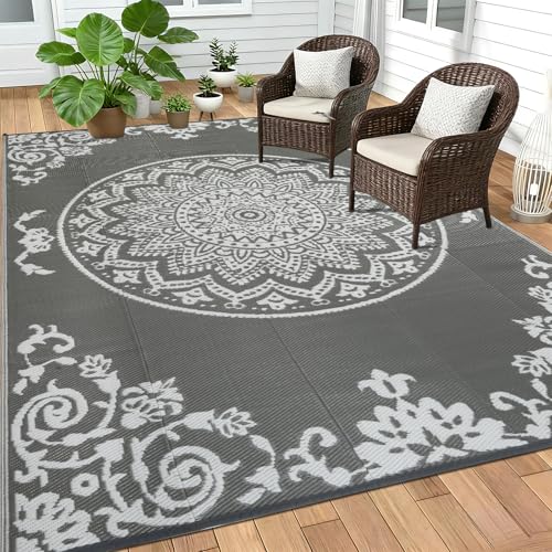 Image of Homcomodar Outdoor Rug 150x245cm Garden Rug Outdoor Rugs for Patios Waterproof Reversible Camping Carpet Plastic Straw Rug UV Resistant Camping Mat for RV,Deck,Balcony,Backyard,Picnic,BBQ(Grey-White)