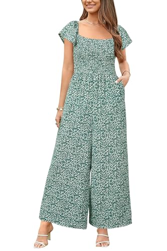 VOTEPRETTY Jumpsuit Damen Elegant Sommer Kurzarm Quadratischer Ausschnitt Overall Weites Bein Lang Outfits mit Taschen (...