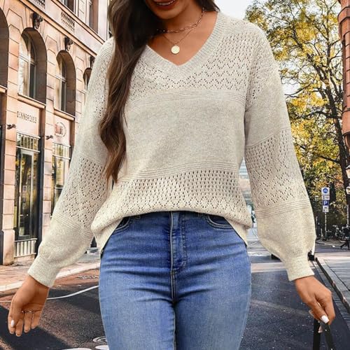 Womens Fall Lightweight V Neck Hollow Out Knitted Tops Long Sleeve Drop Shoulder Casual Loose Sweaters4