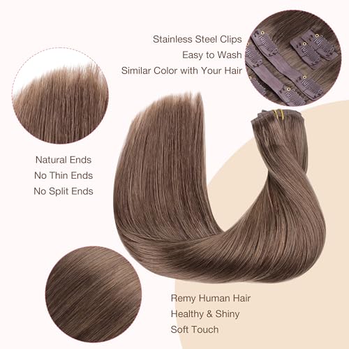 Image of GOO GOO Clip in Hair Extensions Real Human Hair, Remy Human Hair Extensions Clip ins for Women, Natural Human Hair, 16inch 110g 7Pcs, 5 Light Ash Brown
