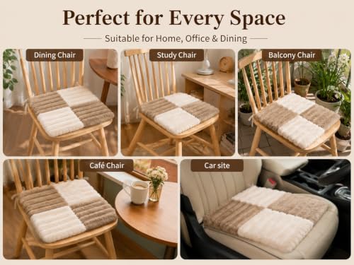 Image of Amazon Brand - Umi Beige & White Checkerboard Faux Fur Chair Seat Cushions, 16x16 Inch Fluffy Dining Chair Pads with Ties, Foam-Filled Kitchen Chair Pads, Set of 2