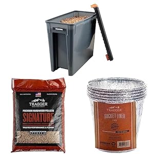 Traeger Pellet Grills BAC637 Stay Dry Pellet Bin, Wood Pellet Storage with Locking Lid, Black & Grills Signature Blend 100% All-Natural Wood Pellets, 20 lb. Bag & Grease Bucket Liner 5-Pack