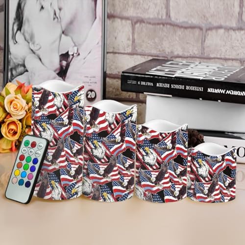 Image of Star Stripes Patriotic Electric Candle American Flag Bald Eagle Print Flameless LED Flickering with Timer Independence Day Patriotic Light for Fireplace Living Room Decor, 4 Pack