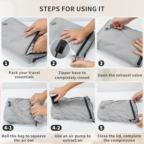 ONTYZZ 4 Set Vacuum Bags Organizer Suitcase Packing Luggage with IPX8 Waterproof Zipper Travel Vacuum Compression Bags Durable Seal Space Saver Bags for Travel Accessories, Grey (No Pump)4
