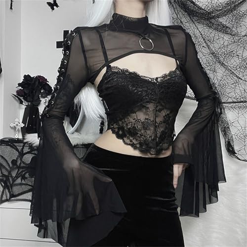 Image of Women Gothic Crop Top Shirt Y2K Black Bell Sleeve Shawl Cardigan